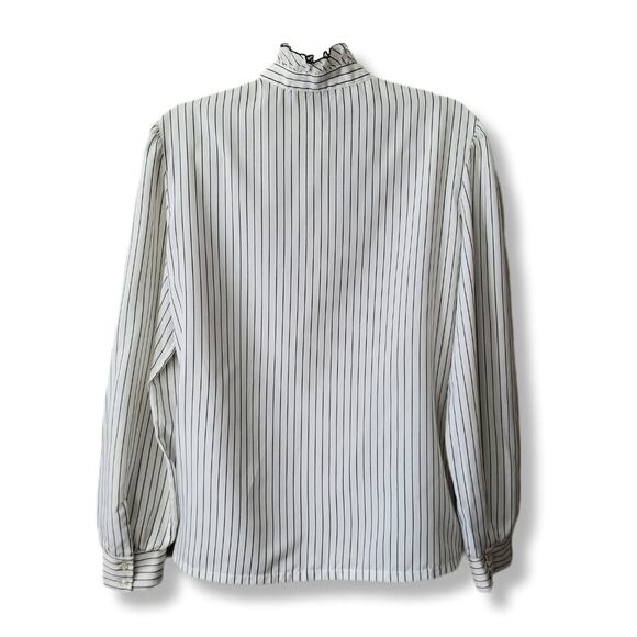 VTG 80s Ruffle High Neck White Black Pinstripe Blouse Shirt L Victorian Vampire - Picture 6 of 9